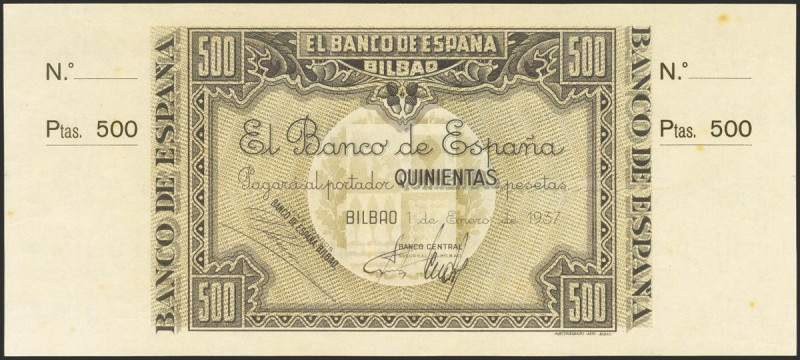 500 Pesetas. 1 de Enero de 1937. Billete no emitido. Sucursal de Bilbao, antefir...