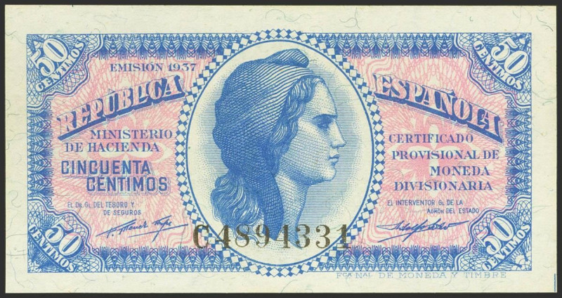 50 Céntimos. 1937. Serie C, última serie emitida. (Edifil 2021: 391a). Apresto o...