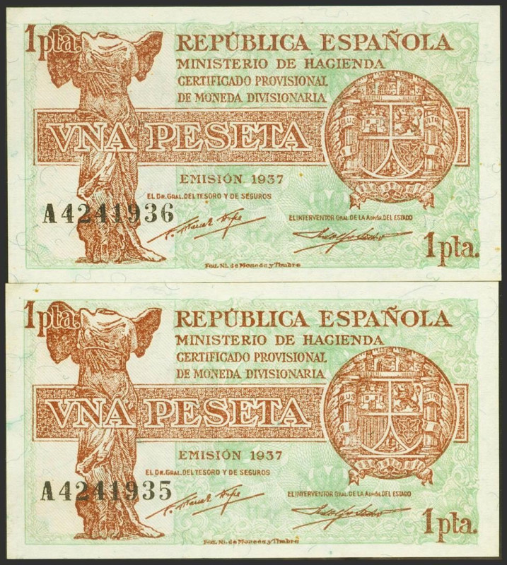 1 Peseta. 1937. Ministerio de Hacienda. Pareja correlativa. Serie A. (Edifil 202...