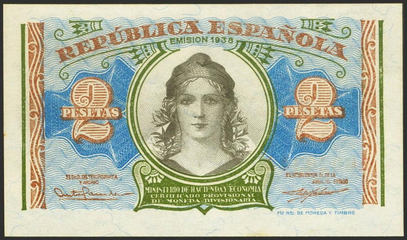 2 Pesetas. 1938. Ministerio de Hacienda. Serie A. (Edifil 2021: 393). Apresto or...