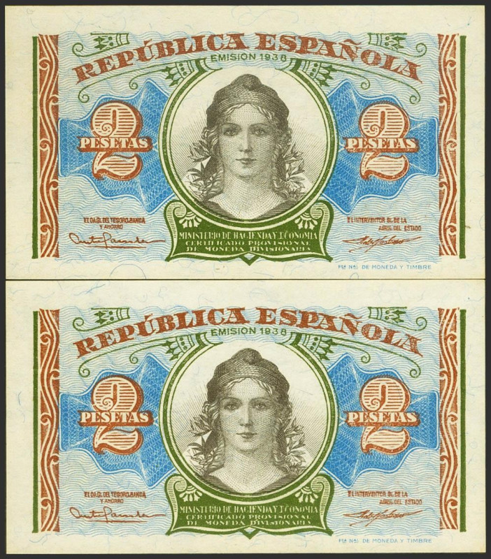 2 Pesetas. 1937. Ministerio de Hacienda. Pareja correlativa. Serie A. (Edifil 20...