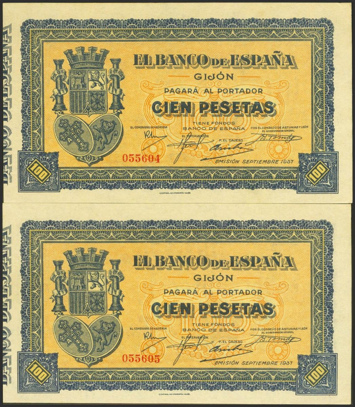 100 Pesetas. Septiembre 1937. Pareja correlativa. Sucursal de Gijón. Sin serie. ...