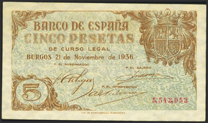 5 Pesetas. 21 de Noviembre de 1936. Sin serie. (Edifil 2023: 417). Inusual conse...