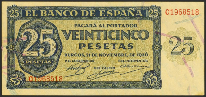 25 Pesetas. 21 de Noviembre de 1936. Serie C. (Edifil 2017: 419a). Conserva su a...