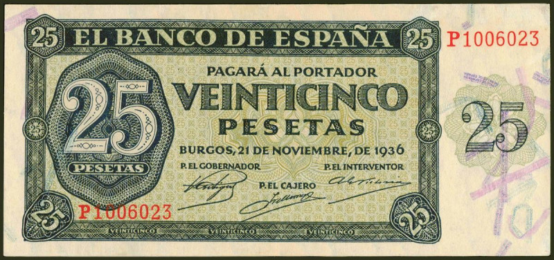 25 Pesetas. 21 de Noviembre de 1936. Serie P. (Edifil 2021: 419a). Conserva gran...