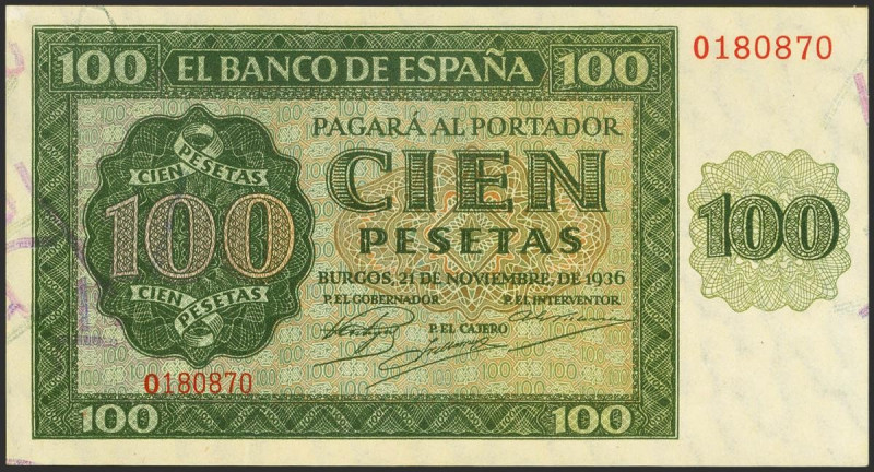 100 Pesetas. 21 de Noviembre de 1936. Serie O. (Edifil 2023: 421a). Conserva gra...