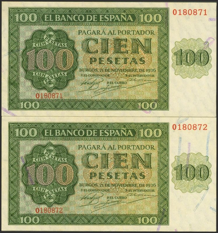 100 Pesetas. 21 de Noviembre de 1936. Pareja correlativa. Serie O. (Edifil 2023:...