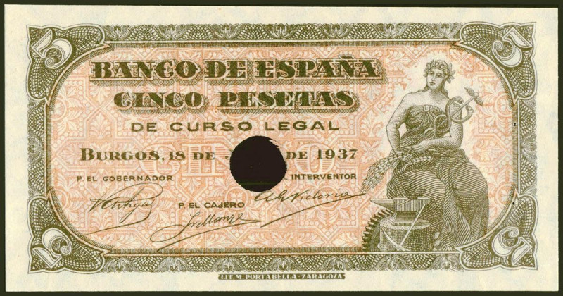 5 Pesetas. 18 de Junio de 1937. Serie C, última serie emitida, sin numeración, t...