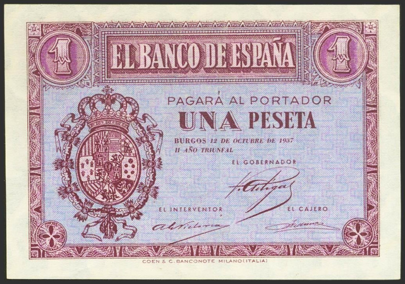 1 Peseta. 12 de Octubre de 1937. Serie B. (Edifil 2021: 425a). Conserva todo su ...