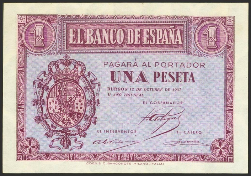 1 Peseta. 12 de Octubre de 1937. Serie C. (Edifil 2021: 425a). Conserva todo su ...