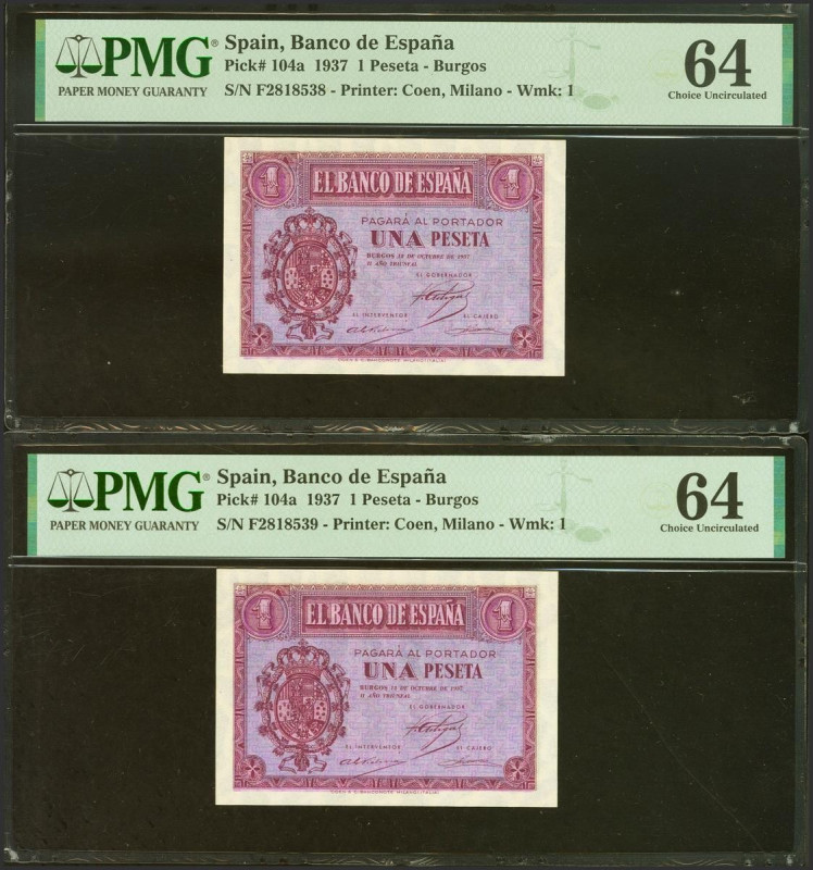 1 Peseta. 12 de Octubre de 1937. Pareja correlativa. Serie F, última serie emiti...