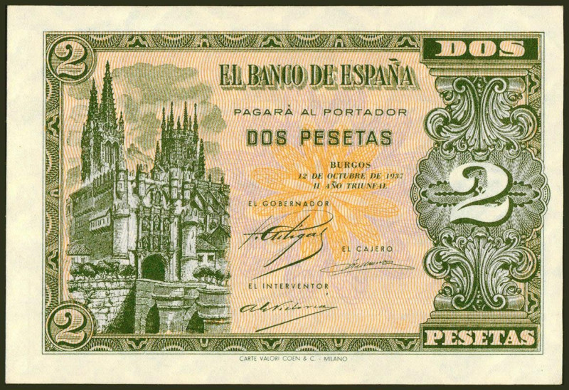 2 Pesetas. 12 de Octubre de 1937. Serie A. (Edifil 2021: 426). Inusual en esta c...