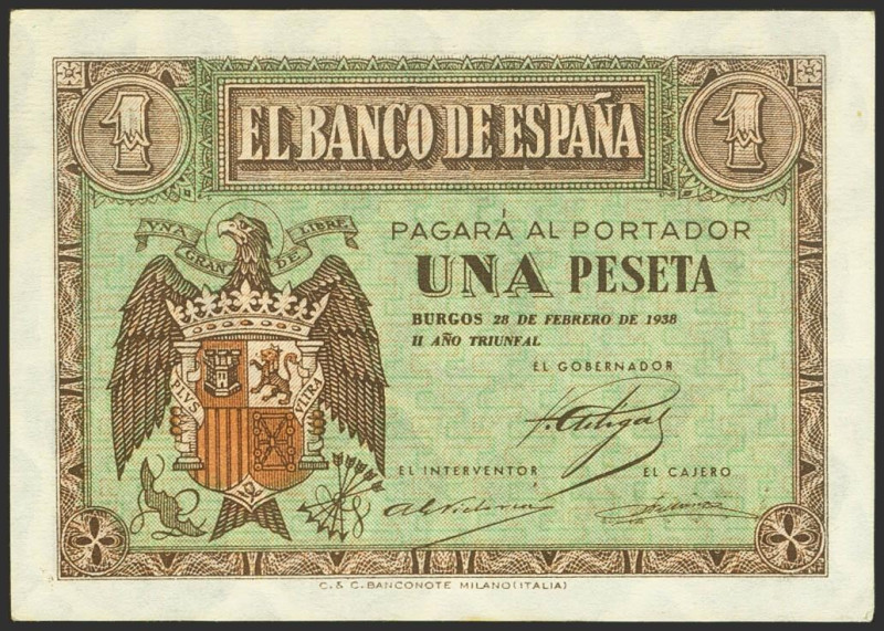 1 Pesetas. 28 de Febrero de 1938. Serie A. (Edifil 2023: 427). Inusual, apresto ...