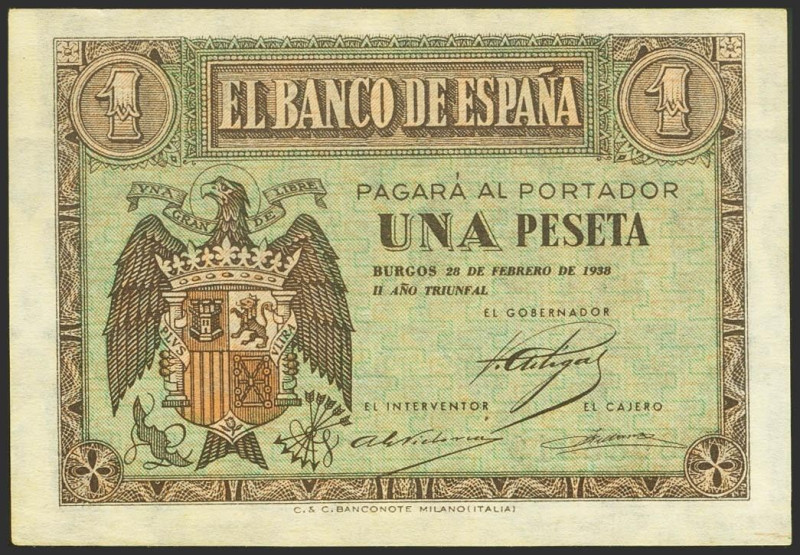 1 Peseta. 28 de Febrero de 1938. Serie E. (Edifil 2021: 427a). Conserva gran par...