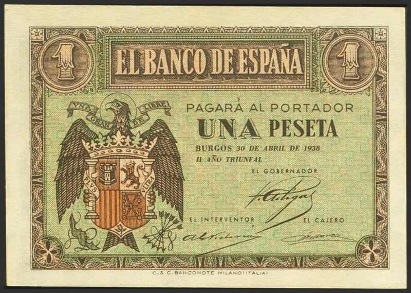 1 Peseta. 30 de Abril de 1938. Serie C. (Edifil 2021: 428a). Apresto original. S...