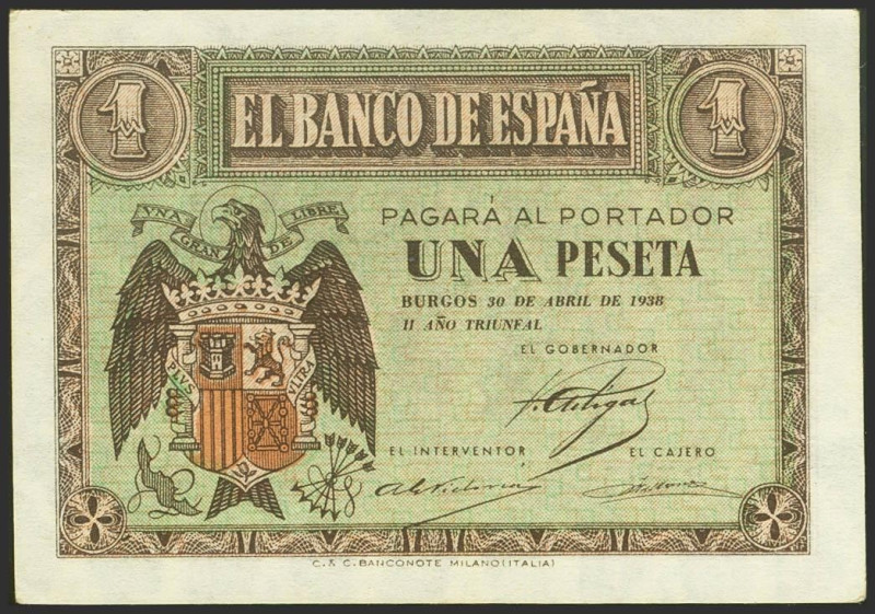 1 Peseta. 30 de Abril de 1938. Serie C. (Edifil 2021: 428a). Apresto original. E...