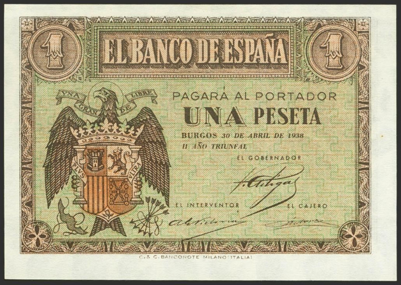 1 Peseta. 30 de Abril de 1938. Serie D. (Edifil 2021: 428a). Apresto original. S...