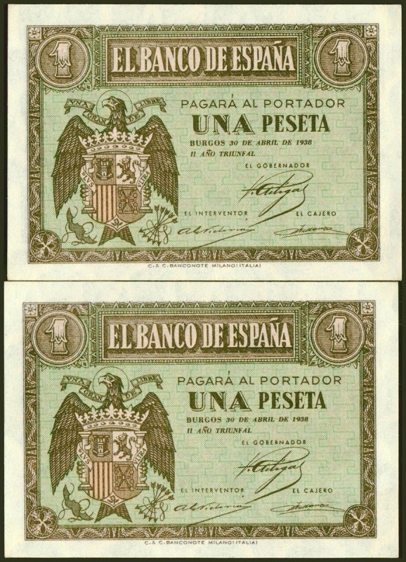 1 Peseta. 30 de Abril de 1938. Pareja correlativa. Serie F. (Edifil 2021: 428a)....