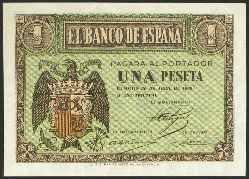 1 Peseta. 30 de Abril de 1938. Serie G. (Edifil 2021: 428a). Apresto original. S...