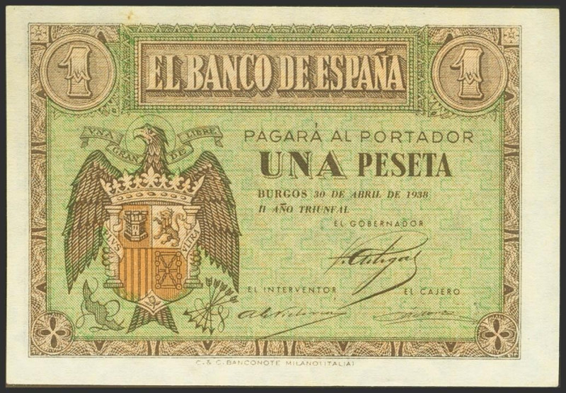 1 Peseta. 30 de Abril de 1938. Serie M. (Edifil 2021: 428a). Apresto original. S...