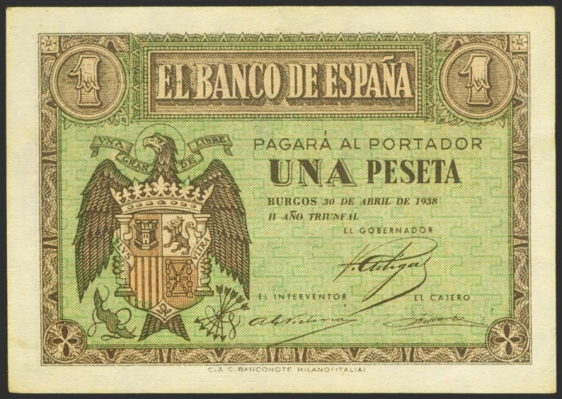 1 Peseta. 30 de Abril de 1938. Serie M. (Edifil 2021: 428a). Apresto original. S...