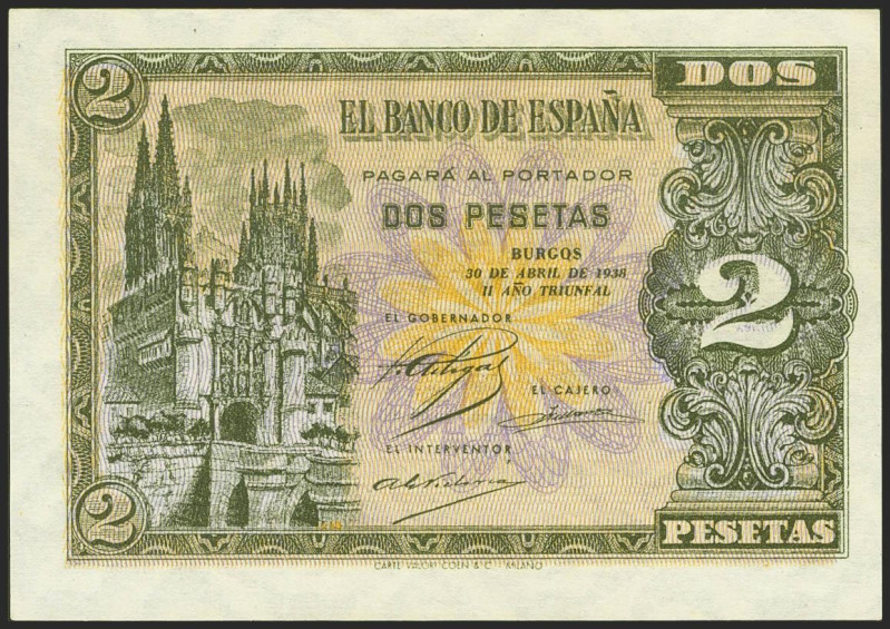 2 Pesetas. 30 de Abril de 1938. Serie L. (Edifil 2021: 429a). Conserva todo su a...