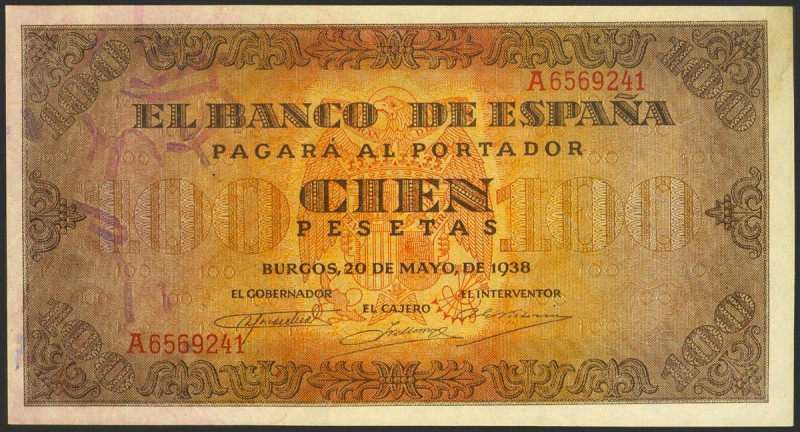 100 Pesetas. 20 de Mayo de 1938. Serie A. (Edifil 2021: 432, Pick: 113a). Conser...