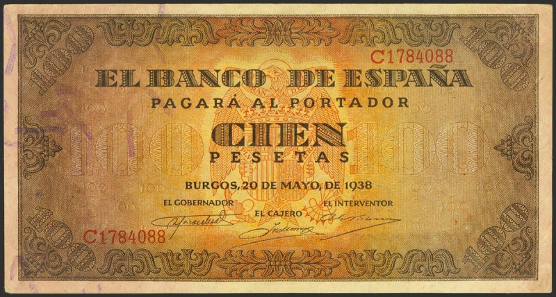 100 Pesetas. 20 de Mayo de 1938. Serie C. (Edifil 2021: 432a). Apresto original ...