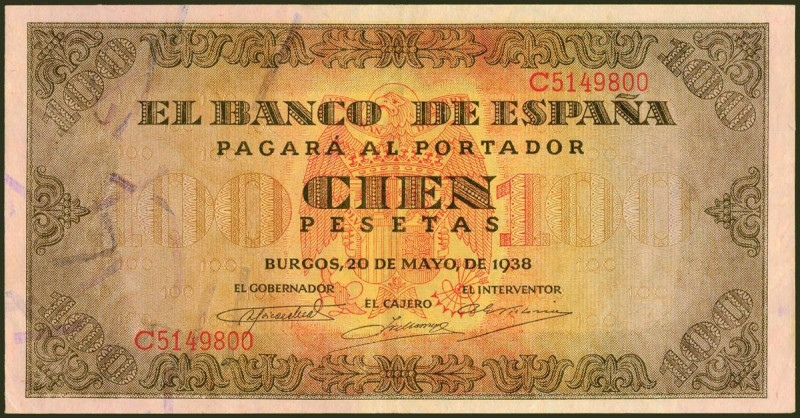 100 Pesetas. 20 de Mayo de 1938. Serie C. (Edifil 2021: 432a). Conserva gran par...