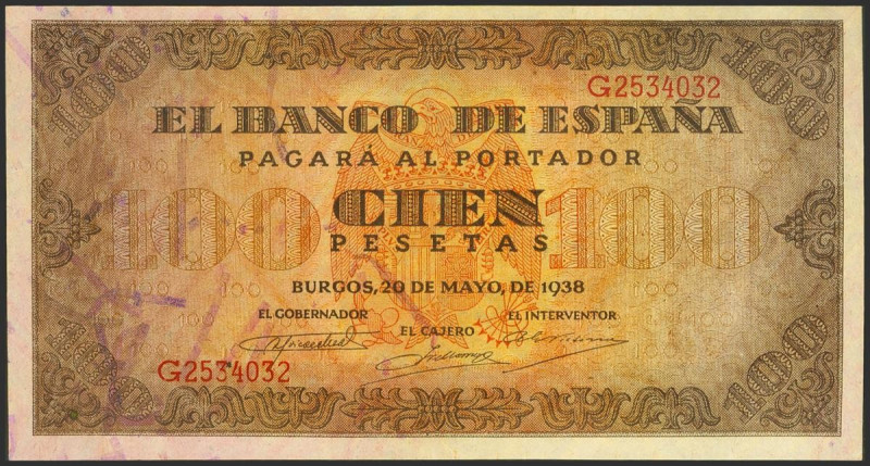 100 Pesetas. 20 de Mayo de 1938. Serie G. (Edifil 2021: 432a). Conserva parte de...