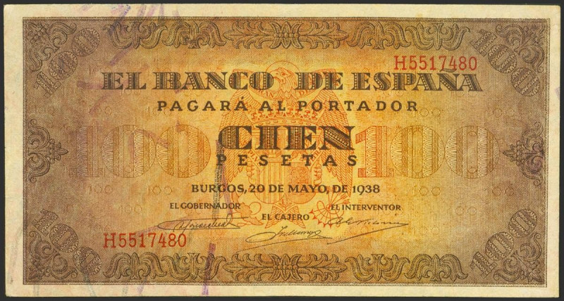 100 Pesetas. 20 de Mayo de 1938. Serie H, última serie emitida. (Edifil 2021: 43...