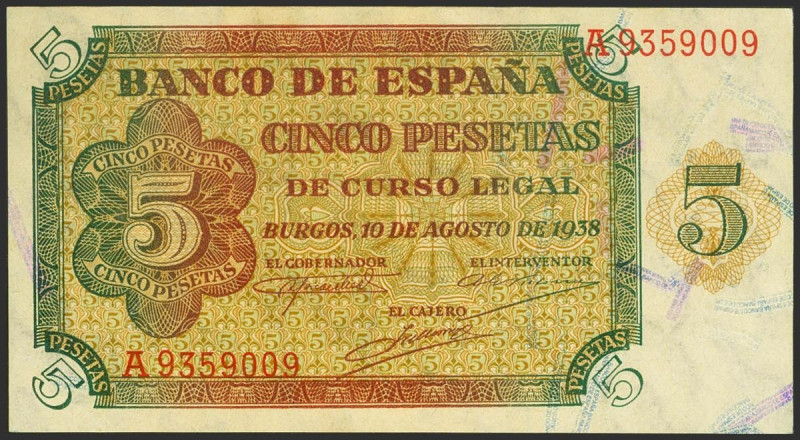 5 Pesetas. 10 de Agosto de 1938. Serie A. (Edifil 2023: 435). Apresto original. ...