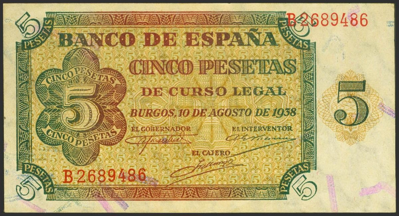 5 Pesetas. 10 de Agosto de 1938. Serie B. (Edifil 2017: 435a). Conserva parte de...