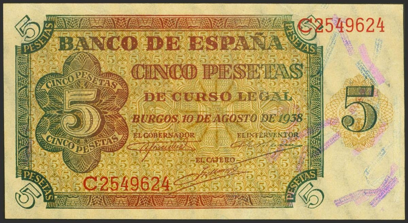 5 Pesetas. 10 de Agosto de 1938. Serie C. (Edifil 2021: 435a). Apresto original....