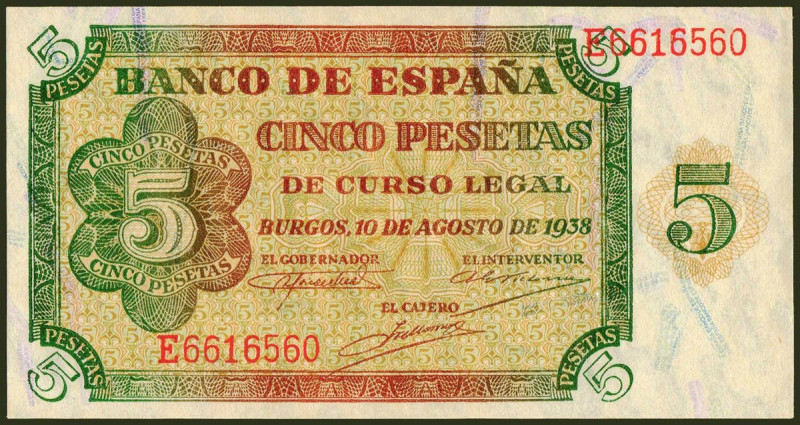 5 Pesetas. 10 de Agosto de 1938. Serie E. (Edifil 2021: 435a). Conserva todo su ...