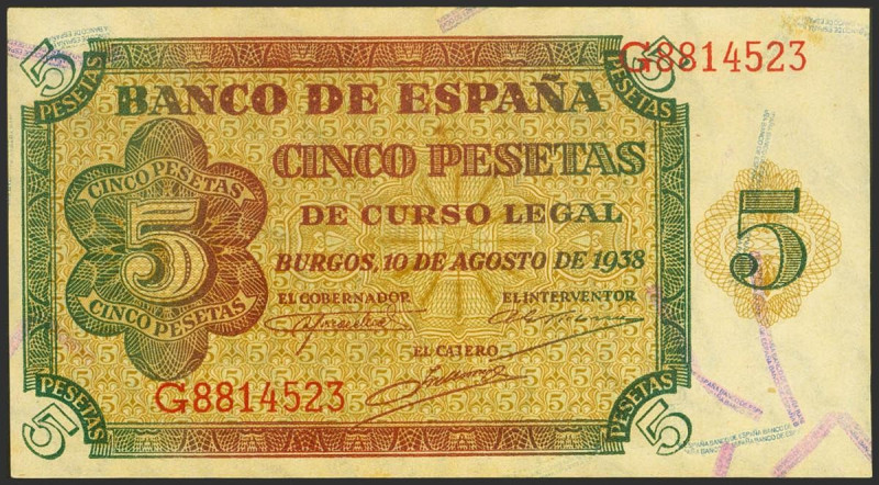 5 Pesetas. 10 de Agosto de 1938. Serie G. (Edifil 2021: 435a). Conserva parte de...