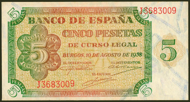 5 Pesetas. 10 de Agosto de 1938. Serie J. (Edifil 2021: 435a). Conserva parte de...