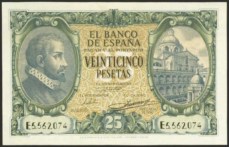 25 Pesetas. 9 de Enero de 1940. Serie E. (Edifil 2023: 436a). Conserva parte de ...