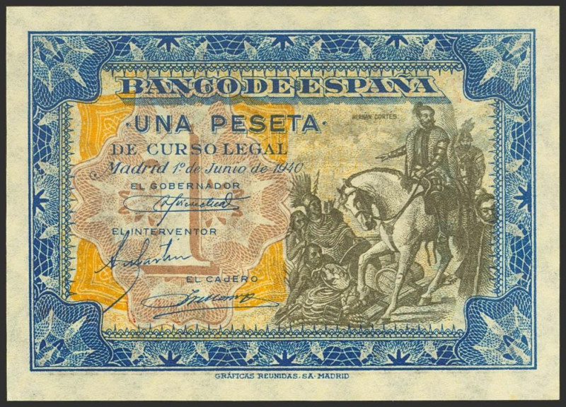 1 Peseta. 1 de Junio de 1940. Sin serie. (Edifil 2023: 441). Inusual, conserva t...