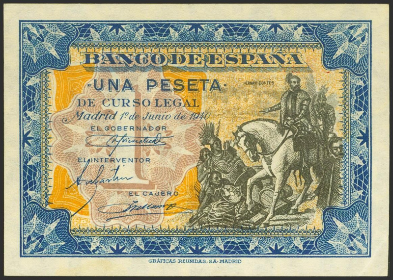 1 Peseta. 1 de Junio de 1940. Serie A. (Edifil 2021: 441a). Conserva parte del a...