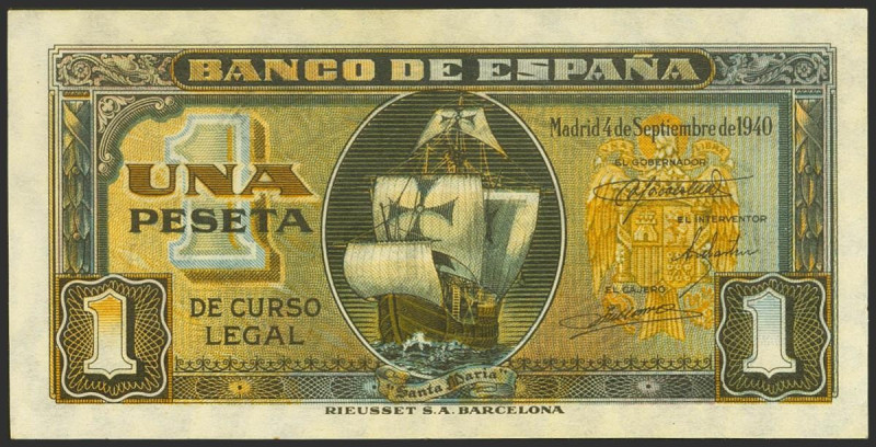 1 Peseta. 4 de Septiembre de 1940. Sin serie y numeración baja. (Edifil 2023: 44...