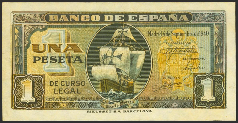 1 Peseta. 4 de Septiembre de 1940. Serie F. (Edifil 2021: 442a). Apresto origina...