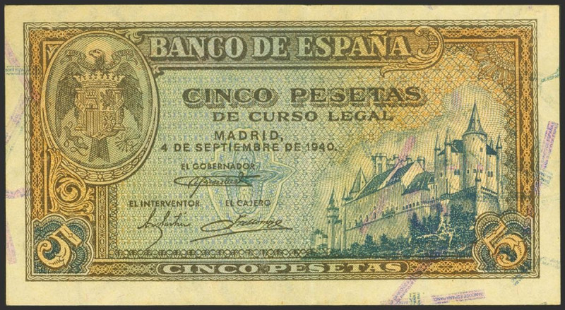 5 Pesetas. 4 de Septiembre de 1940. Serie A. (Edifil 2023: 443). Conserva parte ...