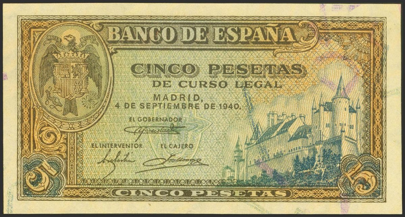 5 Pesetas. 4 de Septiembre de 1940. Serie B. (Edifil 2021: 443a). Ondulación nat...