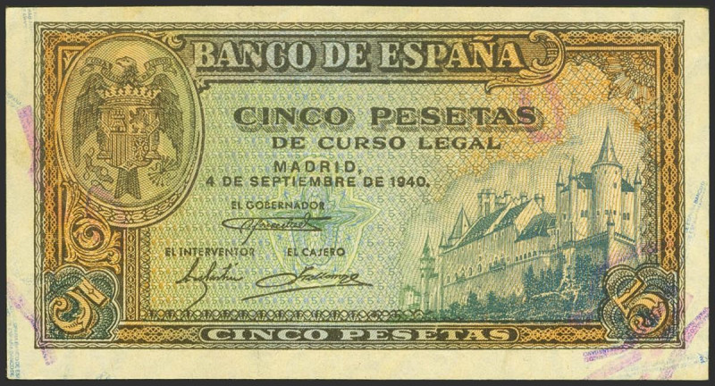 5 Pesetas. 4 de Septiembre de 1940. Serie F. (Edifil 2021: 443a). Conserva parte...