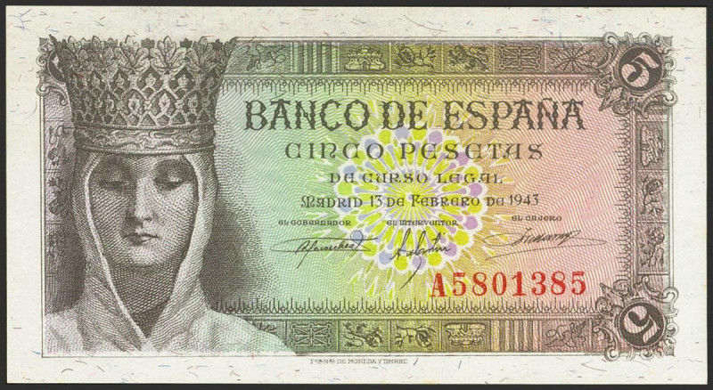 5 Pesetas. 13 de Febrero de 1943. Serie A. (Edifil 2021: 446a). Apresto original...