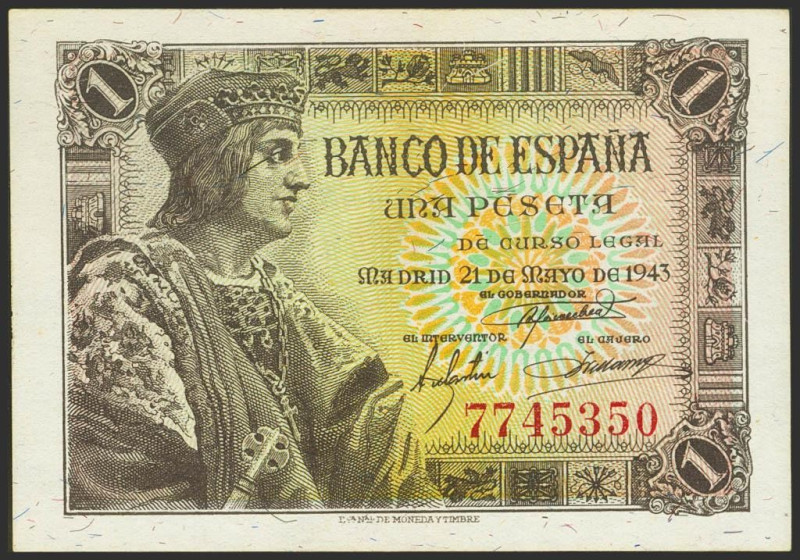 1 Peseta. 21 de Mayo de 1943. Sin serie. (Edifil 2023: 447). Apresto original. S...