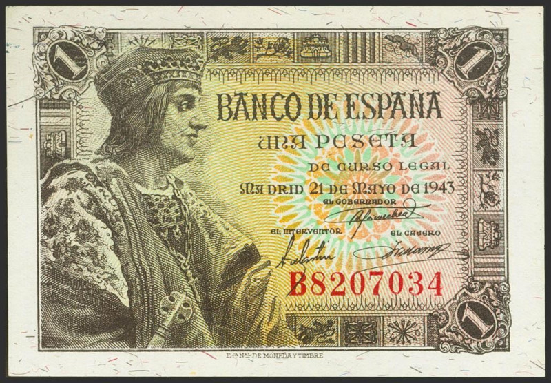 1 Peseta. 21 de Mayo de 1943. Serie B. (Edifil 2021: 447a). Apresto original. SC...