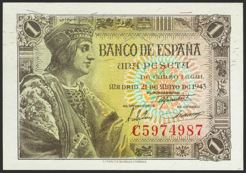 1 Peseta. 21 de Mayo de 1943. Serie C. (Edifil 2021: 447a). Apresto original. SC...