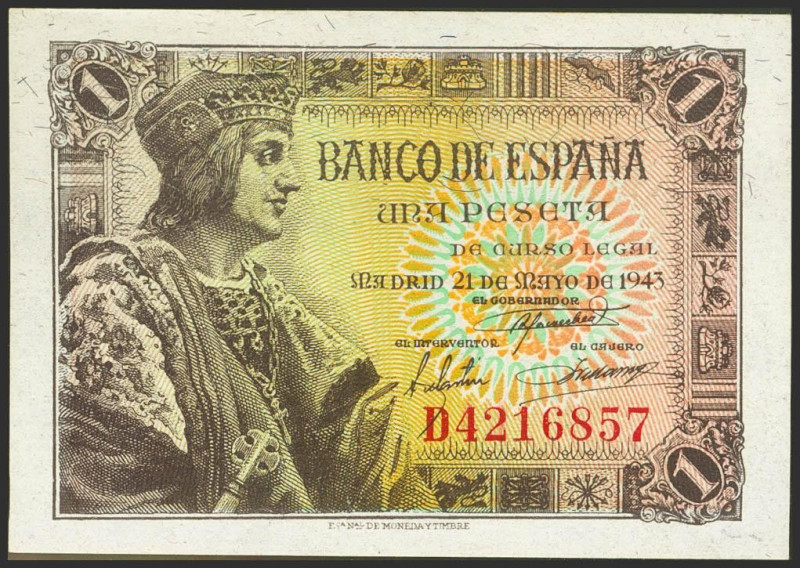 1 Peseta. 21 de Mayo de 1943. Serie D. (Edifil 2021: 447a). Apresto original. SC...